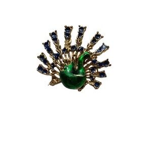 Rare Vintage Peacock Brooch Pin Green Dark Blue Enamel 1.5”